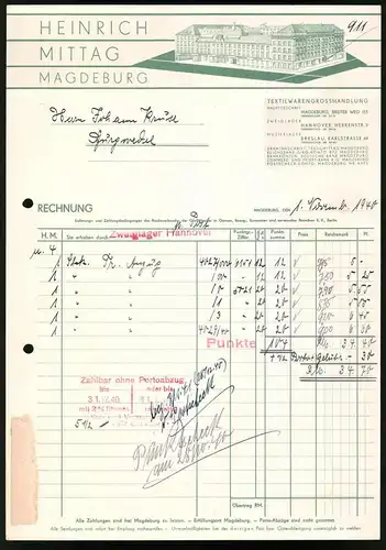 Rechnung Magdeburg 1940, Textilwarengrosshandlung Heinrich Mittag, Blick auf das Werk