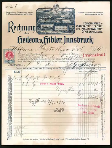 Rechnung Innsbruck 1920, Kaffee und Kolonial Grosshandlung Gedeon v. Hibller, Blick auf das Werk