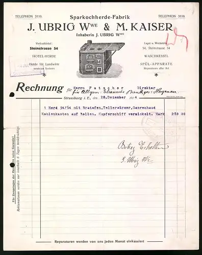 Rechnung Strassburg i. E. 1914, Sparkochherde-Fabrik J. Ubrig Wwe & M. Kaiser, Ofen