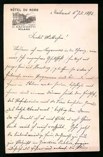 Briefkopf Milano 1893, Hotel du Nord von G. Sacchetti, Blick auf das Hotel
