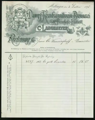 Rechnung Mettingen 1895, Dampf-Kornbranntwein-Brennerei und Presshefe-Fabrik C. Langemeyer
