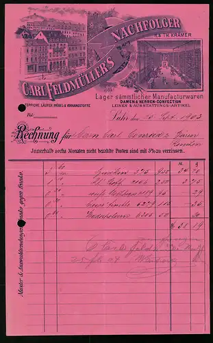 Rechnung Lahr 1903, Damen & Jerren-Confection Carl Feldmüller`s Nachfolger, Lager, Verkaufshaus