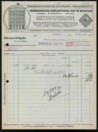 Rechnung Hannover 1940, Unterelbsche Einkaufs-Kom.-Ges. W. Wallstab, Fasade des Textilhaus