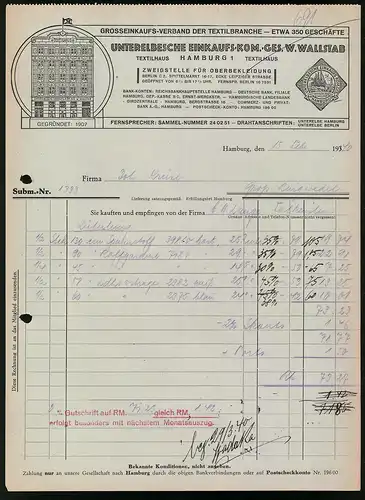 Rechnung Hamburg 1940, Unterelbsche Einkaufs-Kom.-Ges. W. Wallstab, Blicka uf das Textilhaus