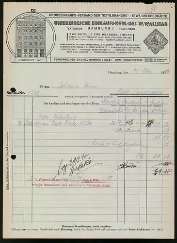 Rechnung Hamburg 1940, Unterelbsche Einkaufs-Kom.-Ges. W. Wallstab, Ansicht des Textilhauses