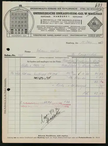 Rechnung Hamburg 1940, Unterelbsche Einkaufs-Kom.-Ges. W. Wallstab, Fasade des Textilhaus