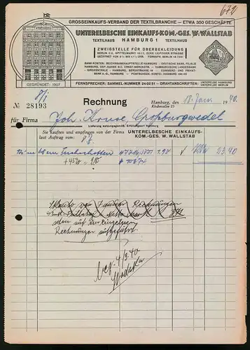 Rechnung Hamburg 1940, Unterelbsche Einkaufs-Kom.-Ges. W. Wallstab, Frontansicht des Textilhaus