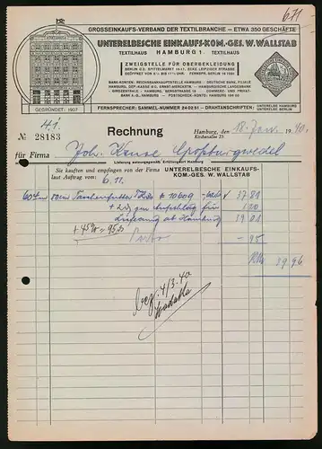 Rechnung Hamburg 1940, Unterelbsche Einkaufs-Kom.-Ges. W. Wallstab, Front vom Textilhaus