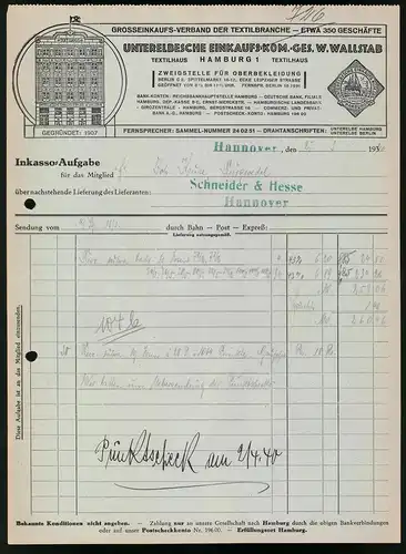Rechnung Hannover 1940, Unterelbsche Einkaufs-Kom.-Ges. W. Wallstab, Textilhaus