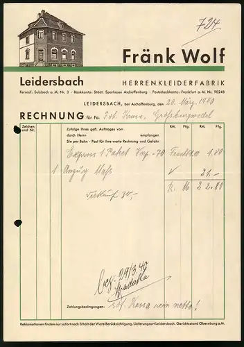 Rechnung Leidersbach, Herrenkleiderfabrik Fränk Wolf, Verkaufshaus