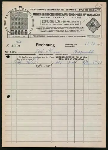 Rechnung Hamburg 1939, Unterelbsche Einkaufs-Kom.-Ges. W. Wallstab, Frontansicht