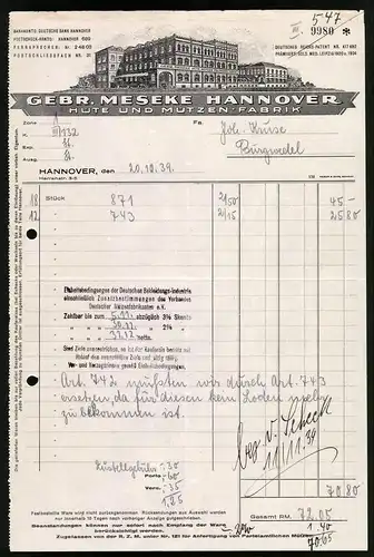 Rechnung Hannover 1939, Hüte und Mützenfabrik Gebr. Meseke, Werksansicht
