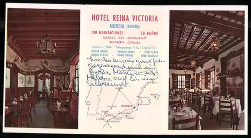 Vertreterkarte Murcia, Hotel Victoria, Anfahrtkarte, Innenansichten und Blick auf das Hotel