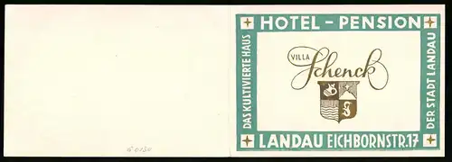 Vertreterkarte Landau / Pfalz, Hotel Pension Villa Schenck, Wappen, Front des Hotels