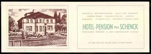 Vertreterkarte Landau / Pfalz, Hotel Pension Villa Schenck, Wappen, Front des Hotels