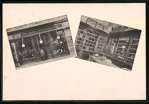 Vertreterkarte Wien, Pelzwarengeschäft Emil Ambros, Kürschner, Innenansicht des Geschäfts