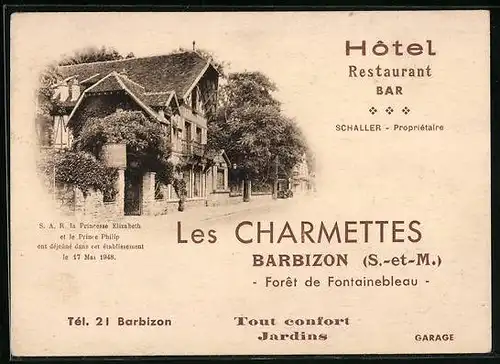 Vertreterkarte Barbizon, Hotel Les Charmettes, Blick auf das Hotel, Rückseite mit Anfahrsskizze