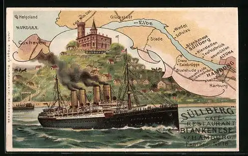 Vertreterkarte Hamburg-Blanenese, Cafe Restaurant Süllberg, Schiff Kaiser Wilhelm