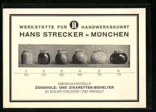 Vertreterkarte München, Werkstätte für Handwerkskunst Hans Strecker, Zündholz u. Zigarrenbehälter