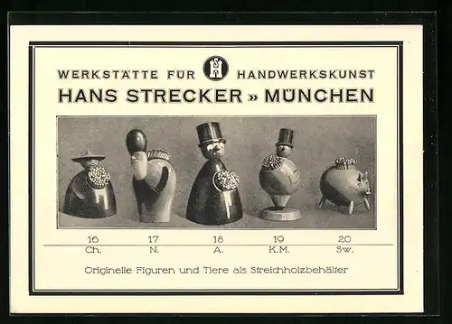 Vertreterkarte München, Werkstätte für Handwerkskunst Hans Strecker, Zündholz u. Zigarrenbehälter