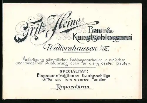 Vertreterkarte Waltershausen i. Th., Bau & Kunstschlosserei Fritz Heine, Rückseite mit Besipielen