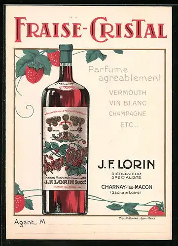 Vertreterkarte Charnay-les.Macon, Fraise-Cristal, J. F. Lorin, Parfum agreablement, Vermouth, Vin Blanc, Champagne etc.