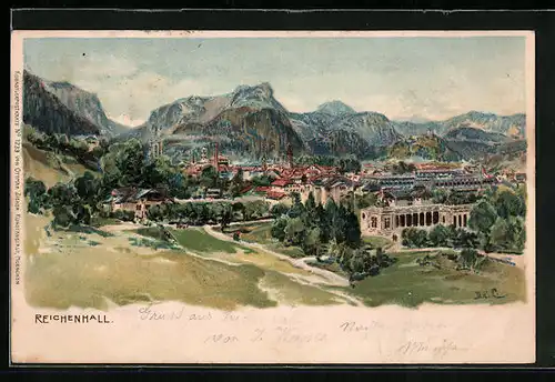 Künstler-AK Edward Theodore Compton: Reichenhall, Panorama mit Gebirge