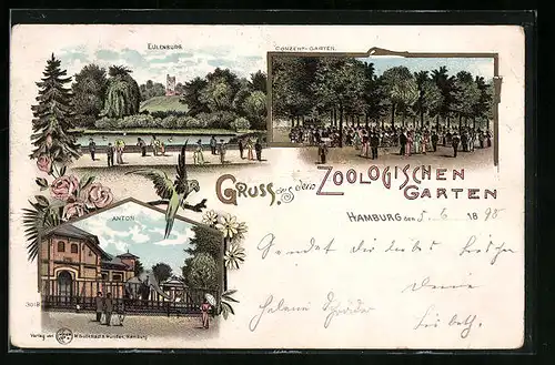 Lithographie Hamburg, Zoologischer Garten, Eulenburg, Elefant Anton