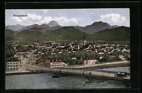 AK Rosenheim, an der Brücke in die Stadt, Totalansicht