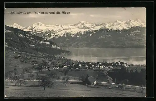 AK Sigriswil am Thunersee, Gesamtansicht mit Alpenpanorama
