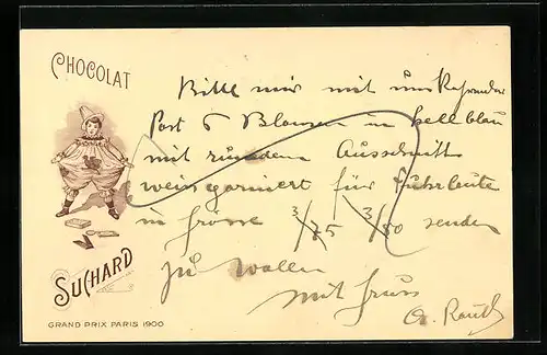 AK Chocolat Suchard, Verkleideter Mensch mit Schokoladenpackungen