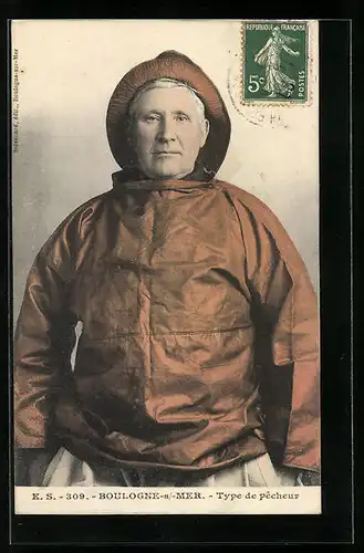 AK Boulogne-sur-Mer, Type de pecheur, Fischer in Ölzeug mit Südwester