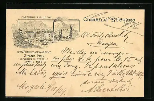 AK Bludenz, Fabrique Chocolat Suchard, Schokoladen-Reklame, Ganzsache