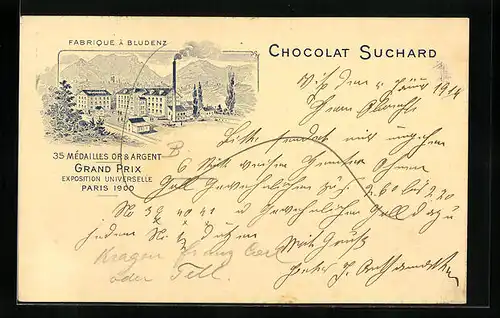 AK Bludenz, Fabrique Chocolat Suchard, Schokoladen-Reklame, Ganzsache