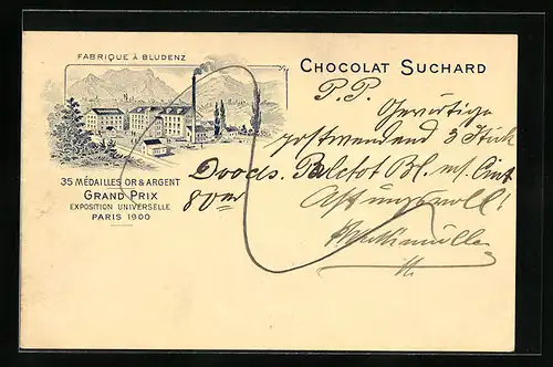 AK Bludenz, Fabrique Chocolat Suchard, Grand Prix Exposition Universelle Paris 1900, Schokoladen-Reklame