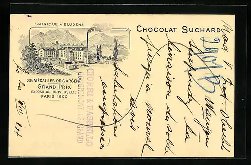 AK Bludenz, Fabrique Chocolat Suchard, Grand Prix Exposition Universelle Paris 1900, Schokoladen-Reklame