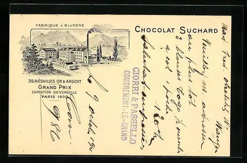 AK Bludenz, Fabrique Chocolat Suchard, Grand Prix Exposition Universelle Paris 1900, Schokoladen-Reklame, Ganzsache