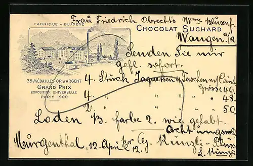 AK Bludenz, Fabrique Chocolat Suchard, Grand Prix Exposition Universelle Paris 1900, Schokoladen-Reklame, Ganzsache