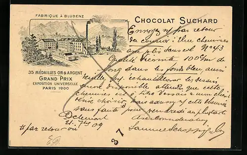 AK Bludenz, Fabrique de Chocolat Suchard, Schokoladen-Reklame, Ganzsache
