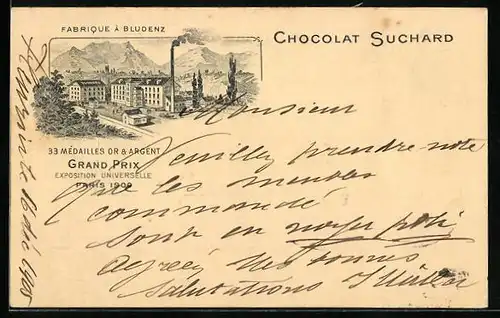 AK Bludenz, Fabrique de Chocolat Suchard, Reklame für Schokolade, Ganzsache