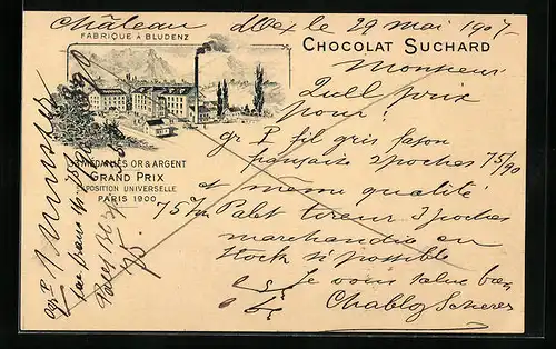 AK Bludenz, Fabrique de Chocolat, Reklame für Suchard Schokolade