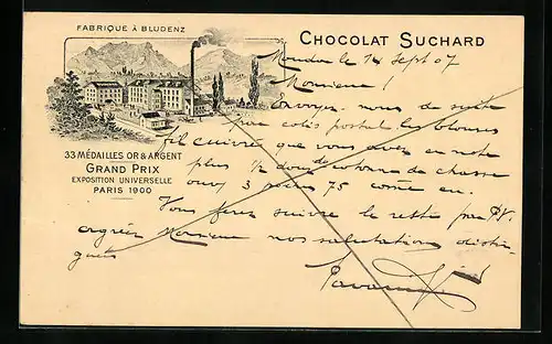 AK Bludenz, Fabrique de Chocolat, Reklame für Suchard Schokolade