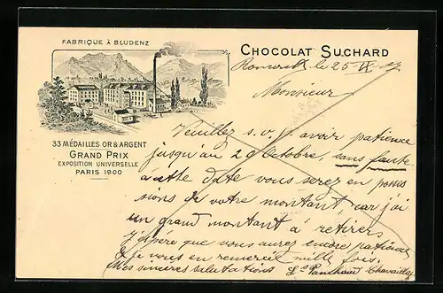 AK Bludenz, Fabrique de Chocolat, Reklame für Suchard Schokolade