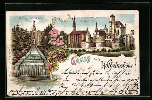 Lithographie Wilhelmshöhe, Die Löwenburg, Herkulessäule und Caskaden