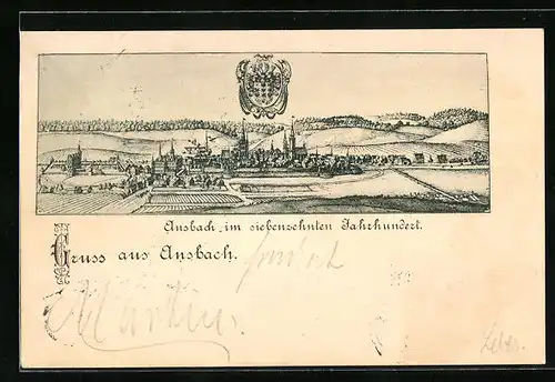 Künstler-AK Ansbach, Totale aus dem 17. Jahrhundert, Wappen