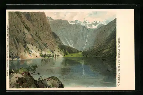 AK Berchtesgaden, Obersee, Idylle mit Blick auf die Teufelshörner