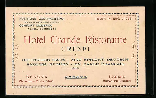 AK Genova, Hotel Grande Ristorante Crespi, Via Andrea Doria, 64-66