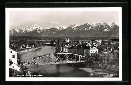 AK Villach, Teilansicht mit Brücke und Karawanken