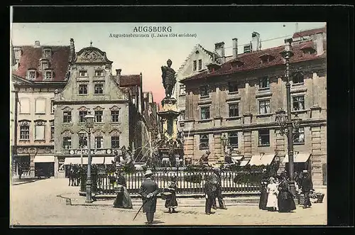 AK Augsburg, Augustusbrunnen mit Passanten