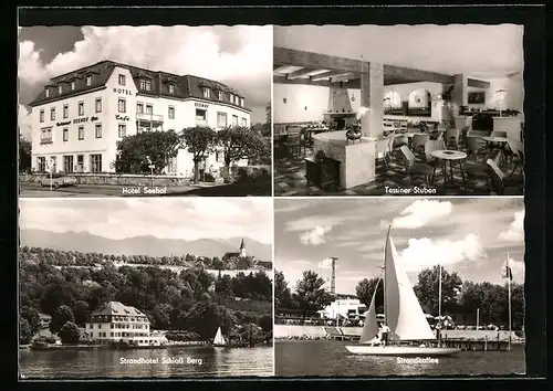 AK Starnberg, Hotel Seehof, Strandhotel Schloss Berg, Strandcafé mit Segelboot